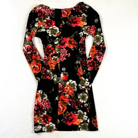 Derek Heart Sz Small Black Floral Long Sleeve Ruched Fitted Bodycon Dress. - Picture 2 of 10